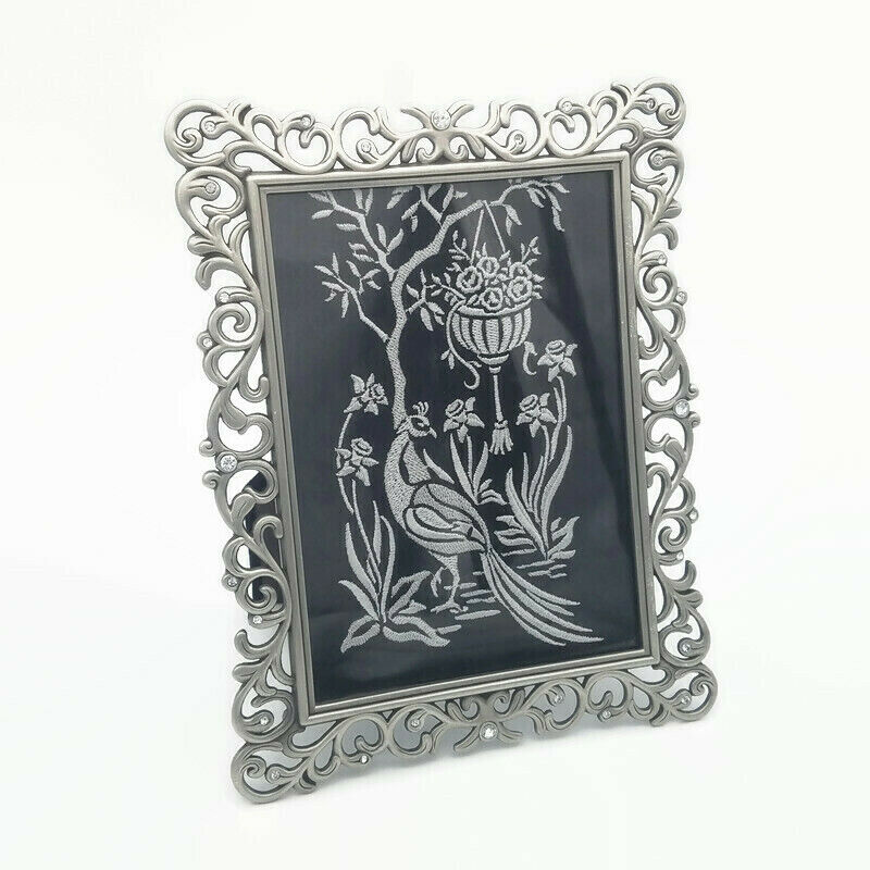 Frame With Embroidered Scene Peacock Birds Flowers Silvertone