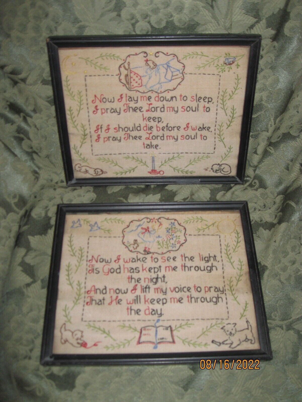 Vintage Pair Embroidered Pictures "now I Lay Me Down To Sleep", "now I Wake..."